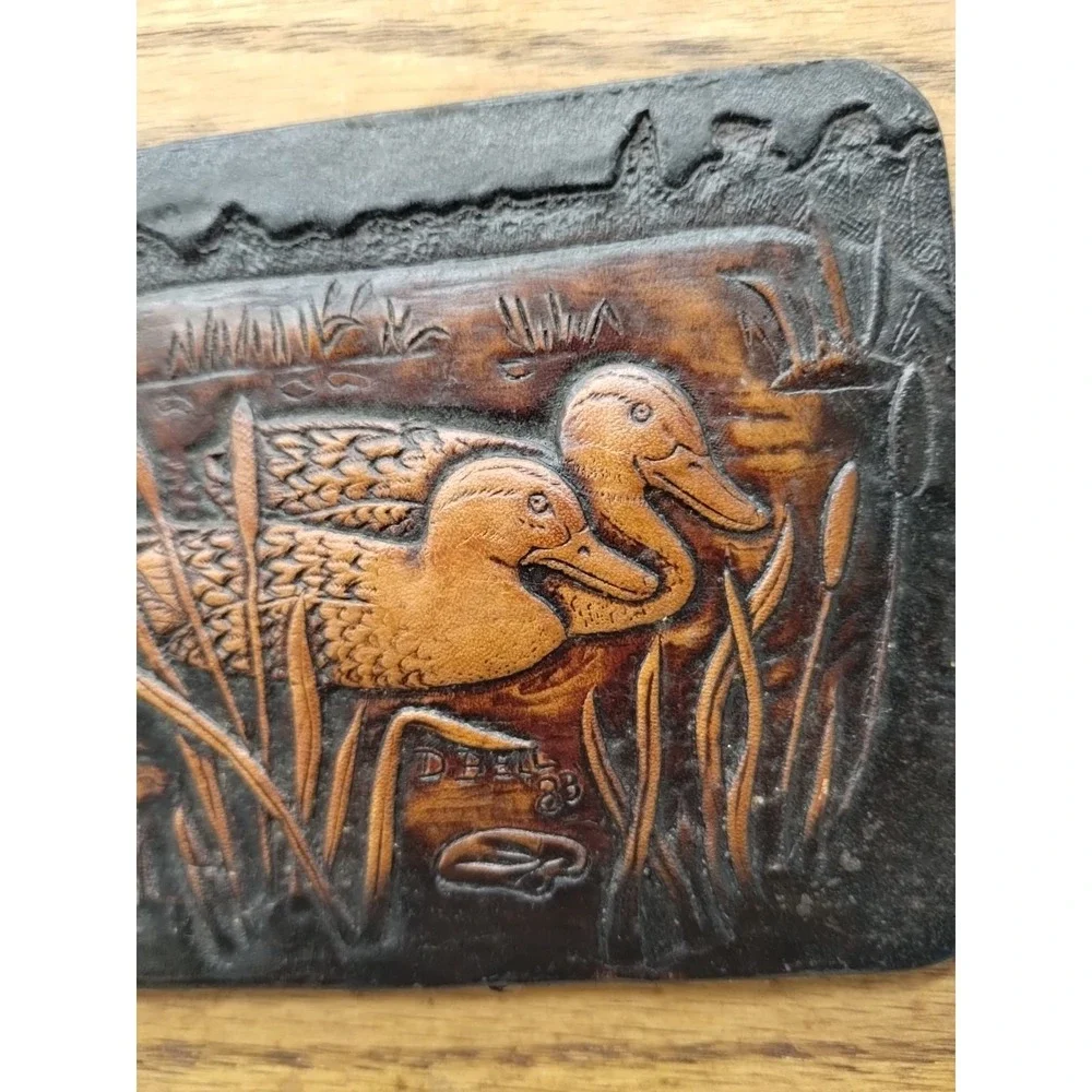 Wisconsin Woods Leather Ducks Mounted On Wood Plaque Signed 7